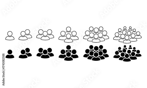 Illustration showing a growing group of people, depicted as simple head and shoulder icons, in both outline and solid black versions.