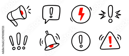 Doodle red exclamation mark, warning sign set. Hand drawn caution signs and warning marks highlight toxic risk, exclamation mark or alert notifications. Doodle stop notification. Vector illustration