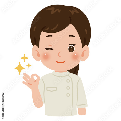 白色のケーシーを着たOKサインを出す女性　上半身イラスト／Woman wearing a white medical tunic making an OK sign　upper body illustration