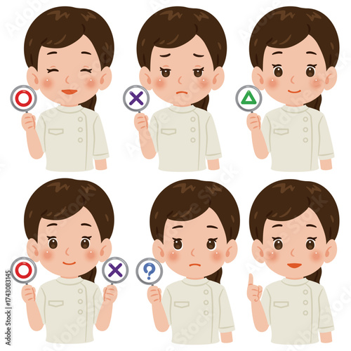 マルとバツなどの札を持った白色のケーシーを着た女性　上半身イラスト／Woman wearing a white medical tunic holding various signs such as O and X　upper body illustration