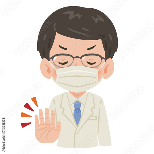 白衣とマスクを着用して待ったポーズの男性　上半身イラスト／Man in White Coat and Mask Making a Stop Gesture　upper body illustration
