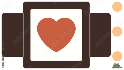 Central heart within a square border, flanked by rectangles and circles, hints connection and warmth. Ideal for love, relationship, health, mindfulness, community, self-care simple flat metaphor