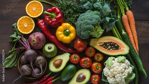 Wallpaper Mural A vibrant assortment of fresh, healthy fruits and vegetables arranged on a rustic wooden table, showcasing a variety of colors and textures Torontodigital.ca