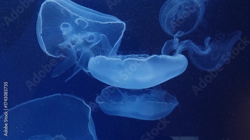Close up of moon jellyfish floating slowly around underwater in a deep blue sea