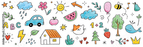 Kid crayon child hand drawn background. Crayon pencil stroke school doodle flower, cartoon sun, rainbow summer elements. Kid style cute star, tree, heart shapes background. Vector illustration