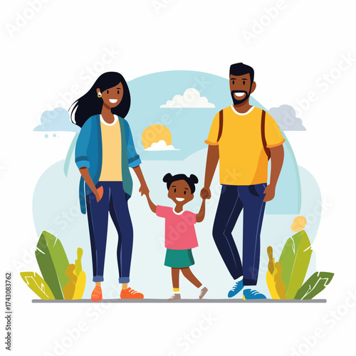 Happy African American family walking together outdoors in a park.