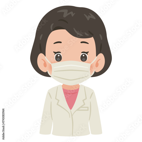 白衣を着てマスクをした女性　上半身イラスト／Woman wearing a white coat and mask　upper body illustration