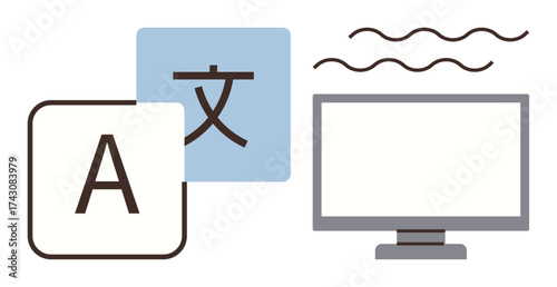 Computer screen with English and foreign character icons, representing language translation and communication. Ideal for education, technology, globalization, writing, content, information sharing