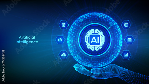 AI. Artificial Intelligence. Digital brain. Machine Learning Concept. Neural networks. Big data analysis. 3D sphere with hexagonal surface and digital brain icon in wireframe hand. Vector illustration