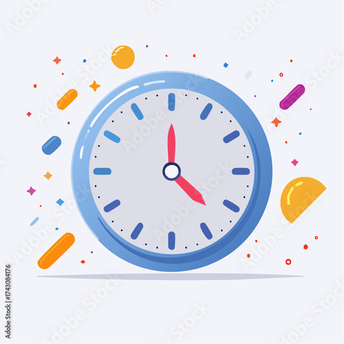 Illustration of a blue clock with colorful confetti around it, showing the time 4:00.