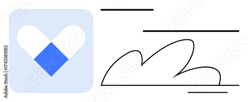 Geometric heart blending white curves with a blue diamond, paired with simple black cloud-thumbs up lines in motion. Ideal for health, innovation, design concepts, care, creativity, simplicity