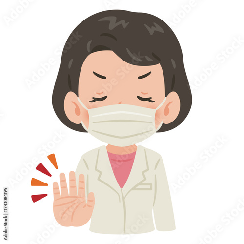 白衣とマスクを着用して待ったポーズの女性　上半身イラスト／Woman in White Coat and Mask Making a Stop Gesture　upper body illustration