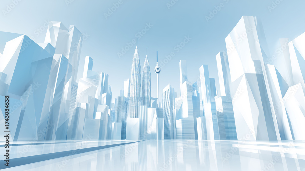 Obraz premium Futuristic Kuala Lumpur city skyline with Petronas Twin Towers in minimal white and blue abstract style