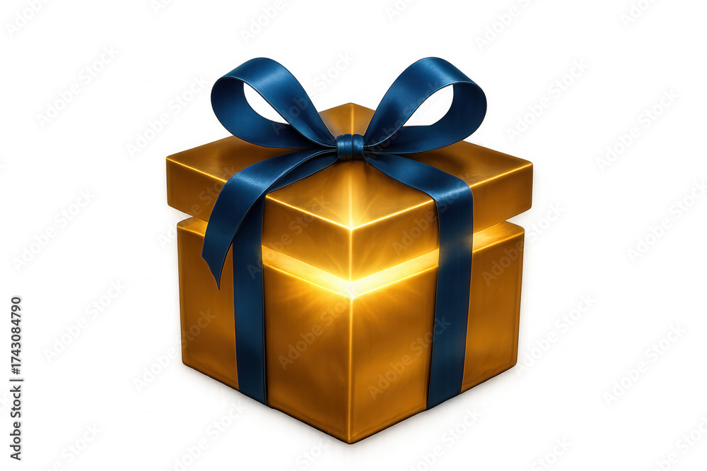 Obraz premium Gold gift box with glowing light and blue ribbon, representing surprise, magic, and luxury on transparent background