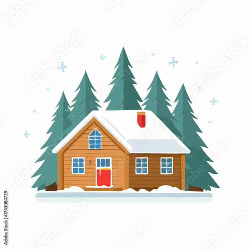 Illustration of a cozy wooden cabin in a snowy winter landscape with tall evergreen trees.