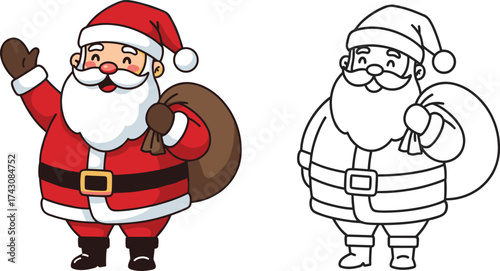 Santa Claus waving with gift sack, Christmas character illustration, holiday icon, festive design, flat vector, coloring page, winter celebration