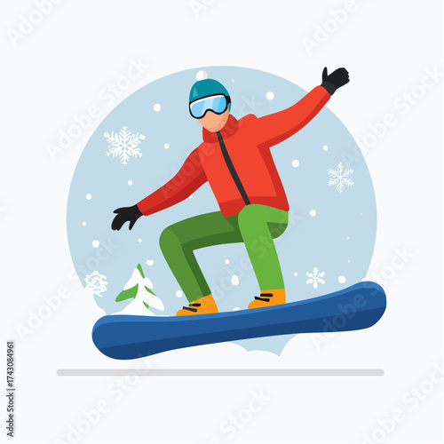 Illustration of a snowboarder in action against a snowy backdrop.