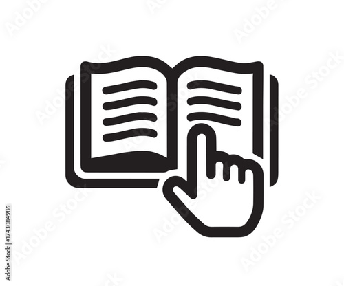Black open book icon with a finger pointing at the pages on a white background reading learning