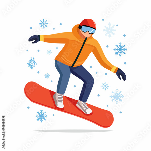 Illustration of a snowboarder in action, surrounded by snowflakes.