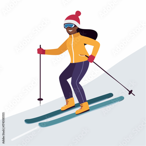 Illustration of a woman skiing downhill with poles on a snowy slope.