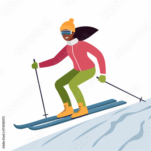 Illustration of a woman skiing downhill in winter clothing on a snowy slope.