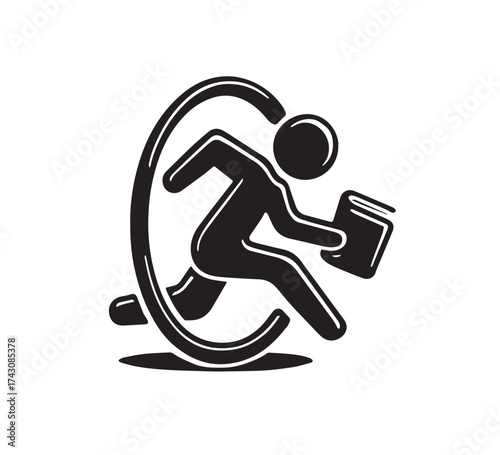 Black silhouette of a person running with a book inside a circular path running person black and white