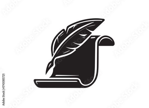 Black silhouette of a quill pen resting on a rolled scroll against a white background writing paper