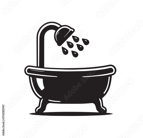 Black silhouette of a vintage bathtub with water pouring from a shower head and drops falling vector