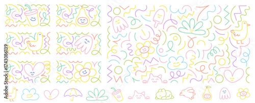 Colorful hand-drawn doodles set showcasing various playful designs including animals, shapes