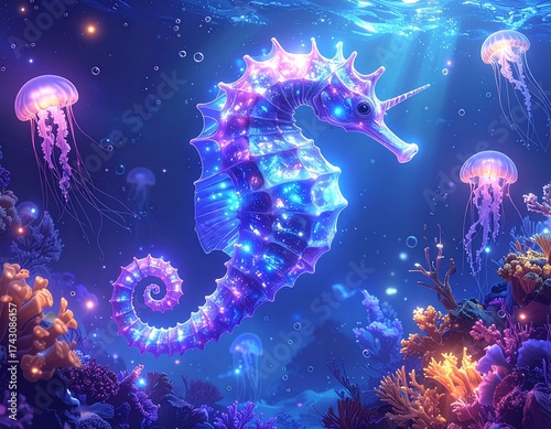 A surreal digital illustration of a glowing seahorse swimming through a dreamlike underwater world filled with floating jellyfish, jellyfish under water