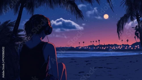 A serene evening scene of a person on a beach listening to music.