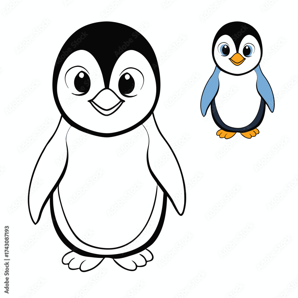 Naklejka premium Adorable baby penguin coloring page featuring a fluffy chick with tiny wings, big curious eyes, and a rounded belly—perfect for kids to bring to life with cute winter colors. 