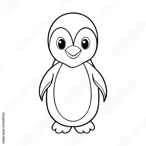 Adorable baby penguin coloring page featuring a fluffy chick with tiny wings, big curious eyes, and a rounded belly—perfect for kids to bring to life with cute winter colors.
