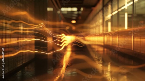 Futuristic energy lines moving dynamically through corridor with golden light effects.