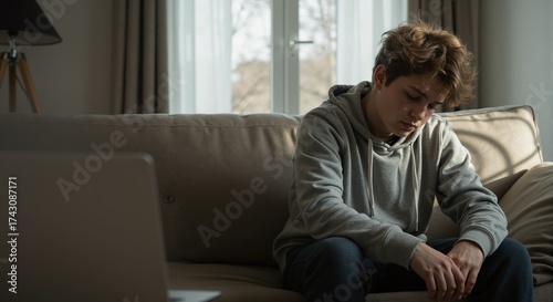 Depressed teenage boy sitting alone on a sofa in a living room. Stressed and worried adolescent feeling lonely. Youth mental health and anxiety concept