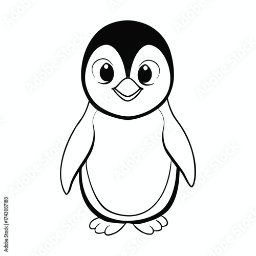 Adorable baby penguin coloring page featuring a fluffy chick with tiny wings, big curious eyes, and a rounded belly—perfect for kids to bring to life with cute winter colors.
