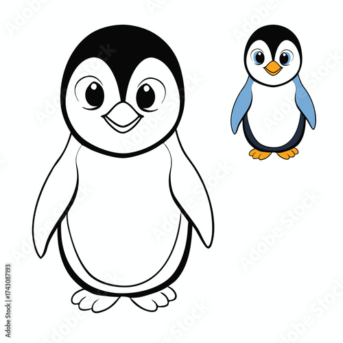 Adorable baby penguin coloring page featuring a fluffy chick with tiny wings, big curious eyes, and a rounded belly—perfect for kids to bring to life with cute winter colors.
