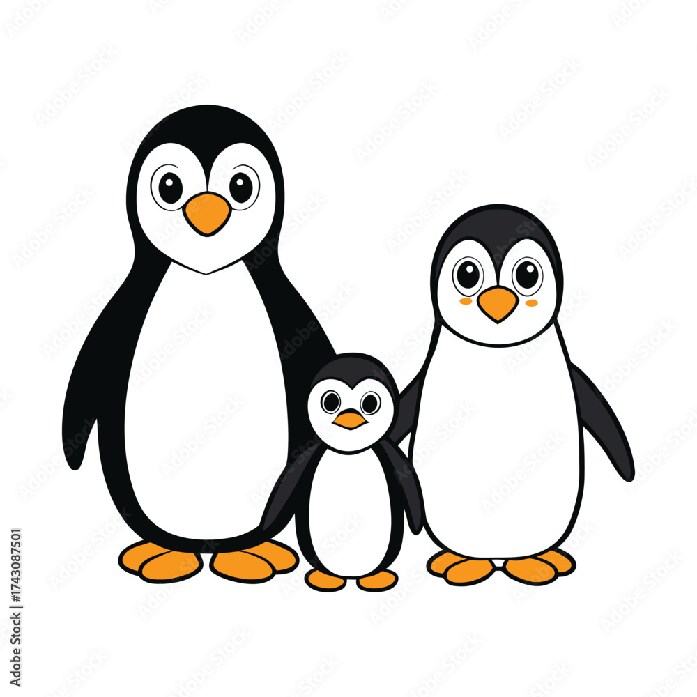 Fototapeta premium A cozy penguin family huddles together on the ice, parents shielding their fluffy chick from the cold winds. Their bond shines in every gentle nuzzle and warm embrace. 