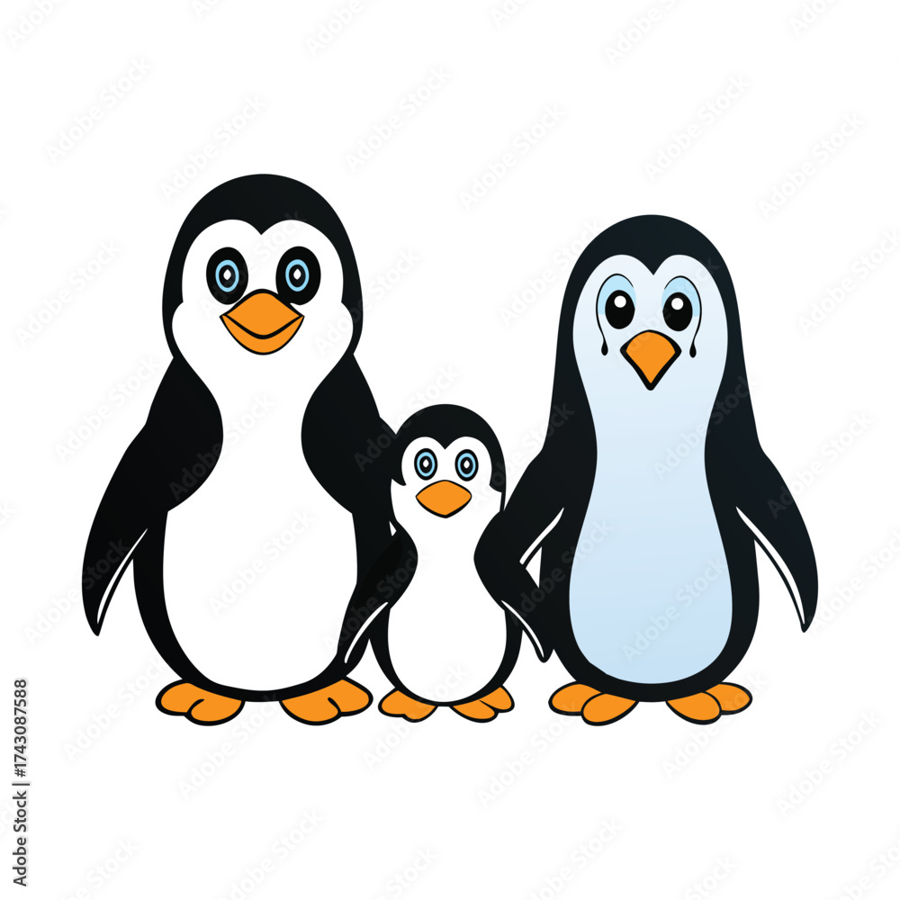 Fototapeta premium A cozy penguin family huddles together on the ice, parents shielding their fluffy chick from the cold winds. Their bond shines in every gentle nuzzle and warm embrace. 