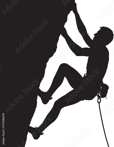 Silhouette of a climber scaling a rock face with rope gear