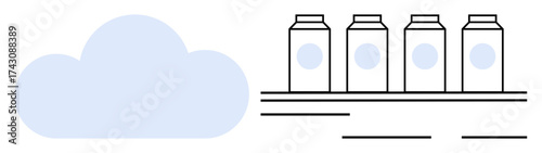 Cloud element adjacent to a shelf lined with product containers. Ideal for technology, supply chain, inventory, logistics, digital transformation, storage, organization. Simple flat metaphor