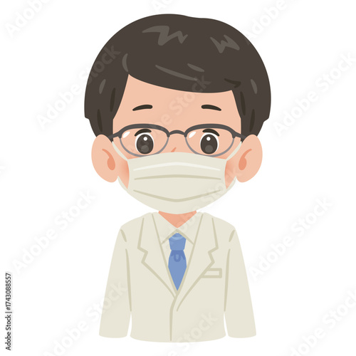 白衣を着てマスクをした男性　上半身イラスト／Man Wearing a White Coat and Mask　upper body illustration