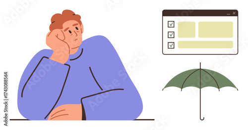 Person seated with hand on face, checklist in browser window, umbrella below implying protection. Ideal for planning, productivity, security, brainstorming, organization, reflection problem-solving