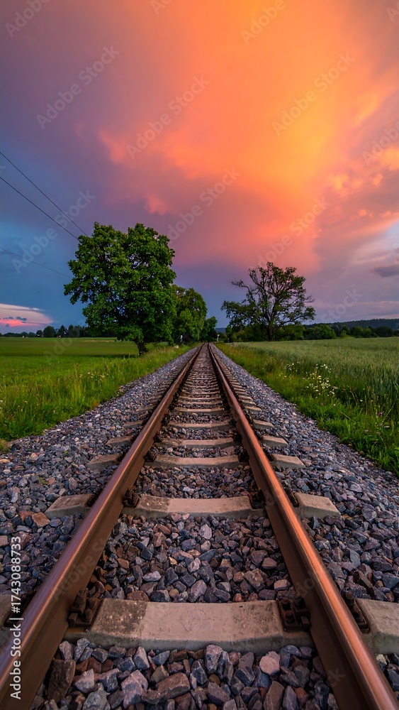 Fototapeta premium Railroad tracks lead into sunset over green fields