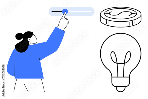 Person interacting with slider control, coin representing investment, and light bulb indicating ideas or solutions. Ideal for business, finance, technology, innovation, creativity, planning