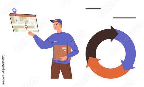 Delivery worker holding package and pointing at a digital map with location markers. Circular arrows represent logistics, process, and flow. Ideal for delivery, logistics, tracking, planning