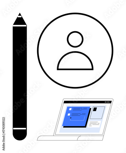 Pencil tool, user profile symbol, and laptop screen with digital interface. Ideal for digital learning, UI design, web development, creativity, technology personal branding content creation. Simple