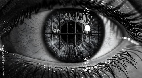 Close-up of Eye with Prisoner Trapped Behind Iris Bars