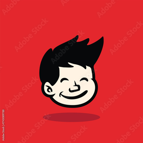 Cartoon boy face with messy spiky hair and neutral expression. Bold outline, flat vector style on red background. Perfect for mascot, avatar, sticker, and branding. EPS vector file