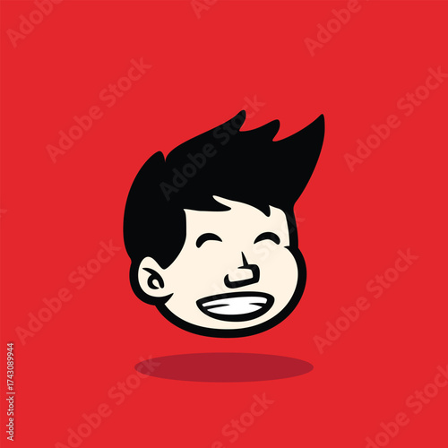 Cartoon boy face with messy spiky hair and neutral expression. Bold outline, flat vector style on red background. Perfect for mascot, avatar, sticker, and branding. EPS vector file